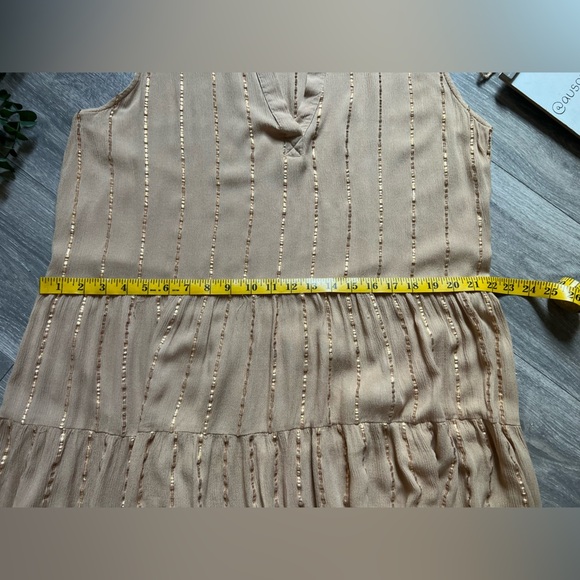 Salty Lemon Gold Sequin Gauzy Sleeveless Swing Mini Dress in Tan. Size L - Picture 9 of 10